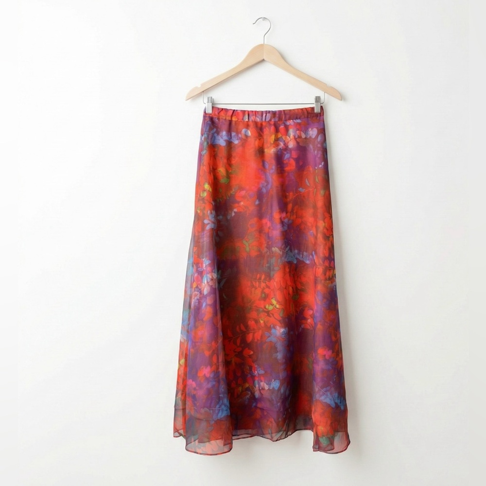 Vintage 70s California Calliope Sheer Floral Boho Maxi Skirt Red Purple 28"